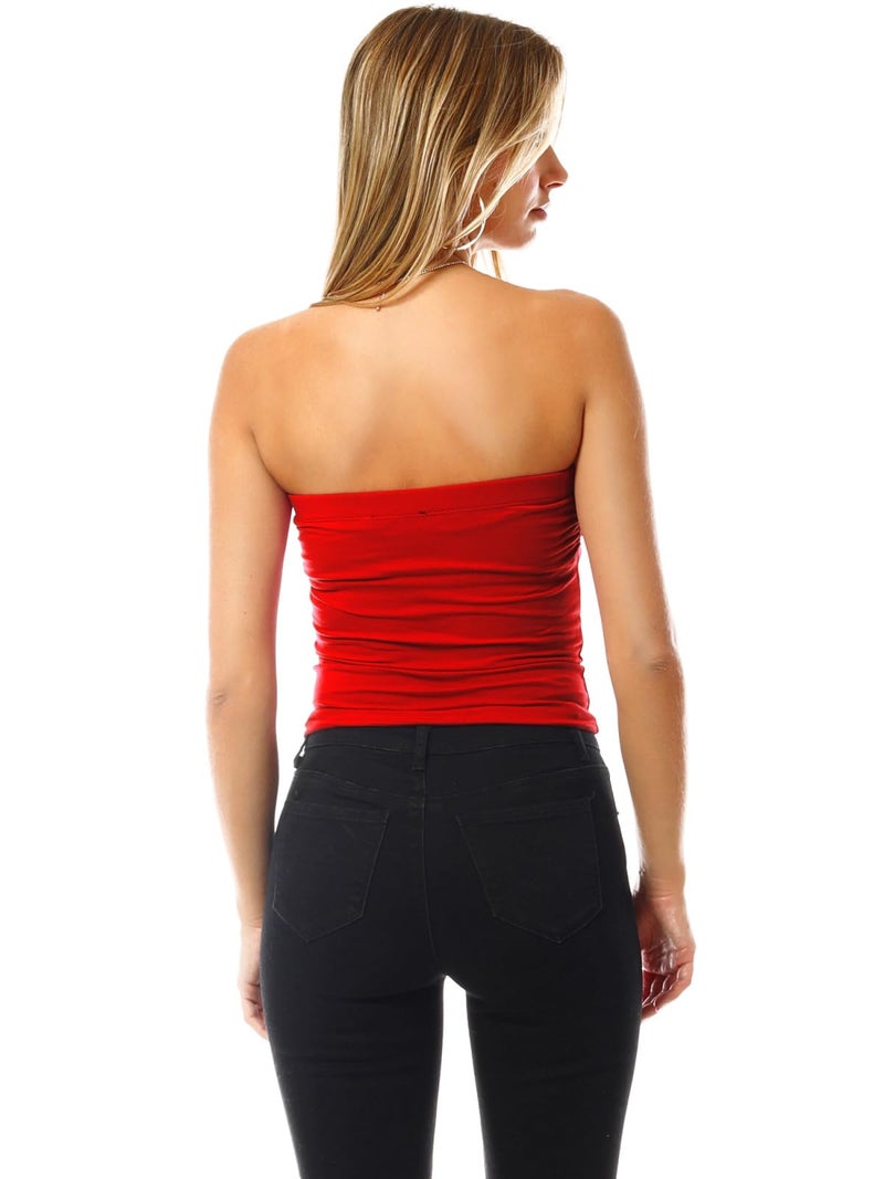 MixMatchy Women's Solid Casual Summer Side Shirring Scrunched Double Layered Tube Top 3PACK - Black/White/Red L - Image 4